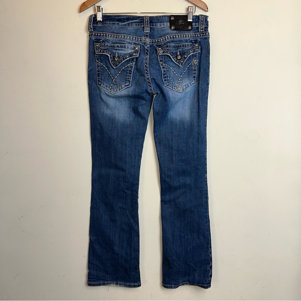 Miss Me Low Rise Boot Cut Med Wash Jeans Embellished Bling Distressed SZ 30 Y2K